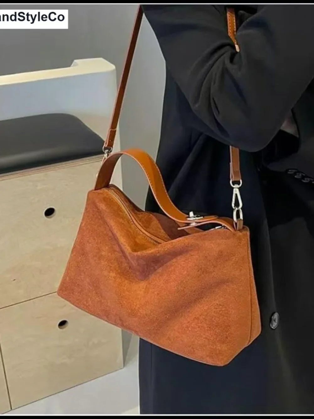 Faux Suede Slouchy Hobo Shoulder Bag with Top Handle Crossbody
